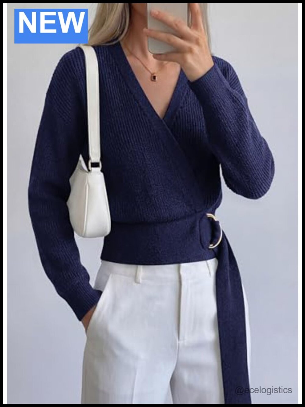 Long Sleeve Wrap V Neck Belted Knit Sweater Women Fall Winter - Picture 3 of 6